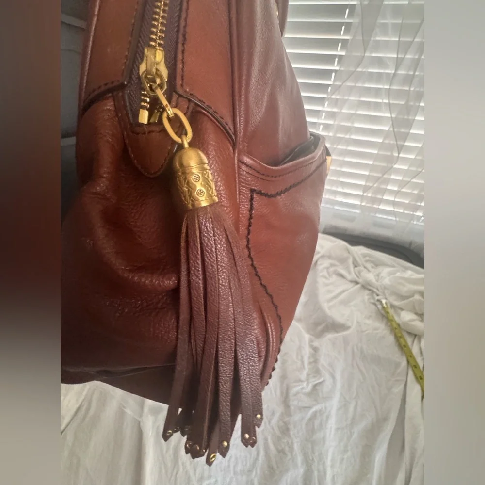 Cole Haan Brown Leather Satchel Braided Handle Top Zip Bag